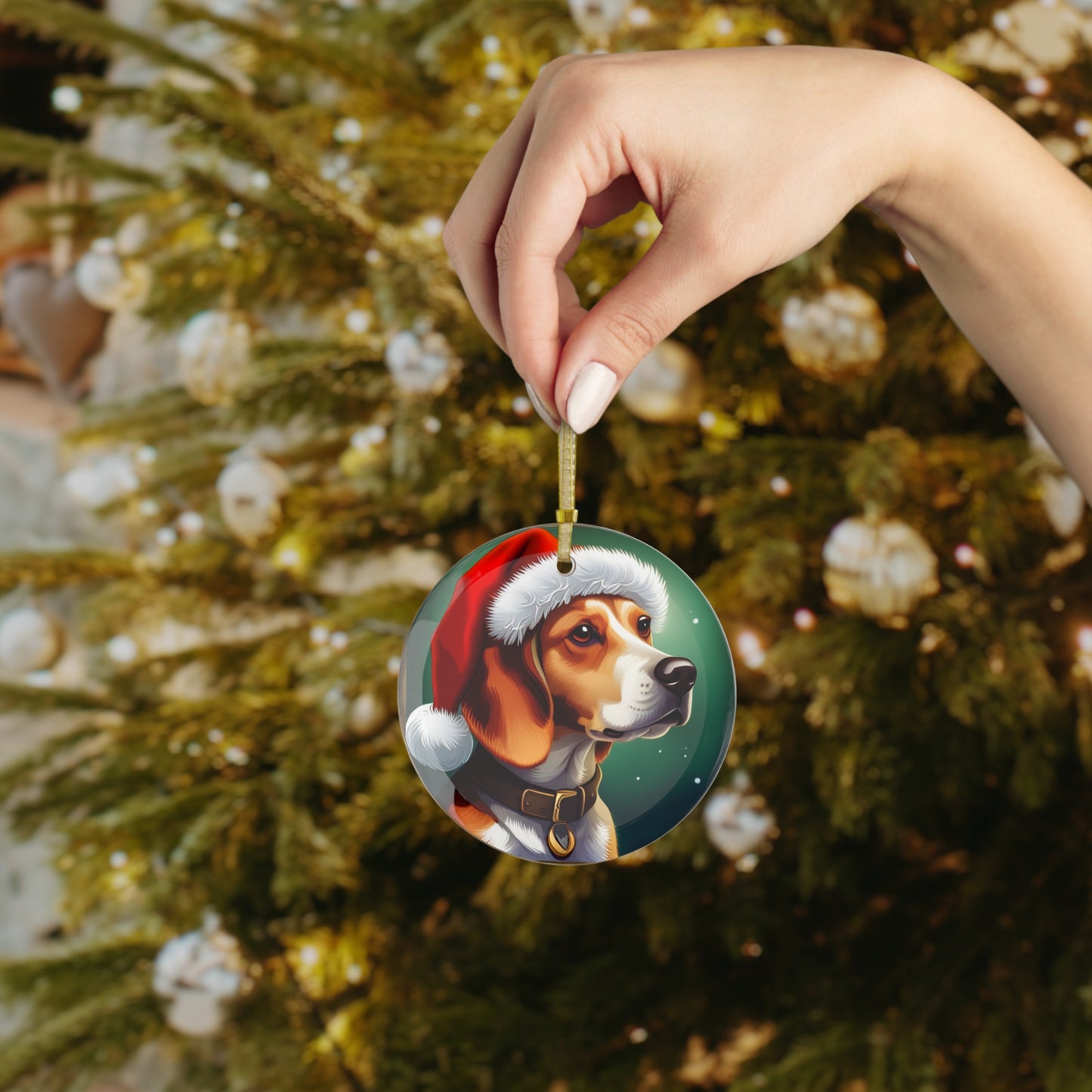 Beagle Christmas Glass Ornament